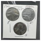 1943 P-D-S Steel Wheat Cent 3-Coin Set
