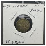 1929 Lebanon 10 Piastres ï¿½ 68% Silver