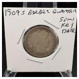 1909-s  Barber Silver Quarter, Semi Key Date
