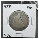 1858 Seated Liberty Silver Half Dollar VG