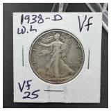 1938-D Walking Liberty Silver Half Dollar VF