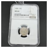 1888 Seated Liberty Silver Dime NGC MS64 90% Silve