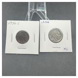 1936 & 1936-S Buffalo nickels - both w/great detai