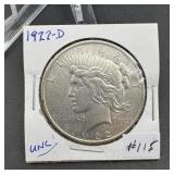 1922 -D Peace Dollar (UNC.) - 90% Silver Coin