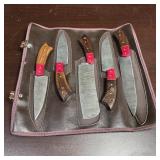 New 5-piece Damascus steel knife set with roll-up