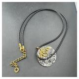 Leather With Silver & Gold Pendant Necklace