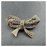 Sterling Silver Marcasite Ribbon Brooch; Marked 92