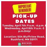 Pick-up: Tuesday, April 7th: 9 A.m. -6 P.m. & Wedn