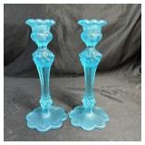 (2) 10' Blue Glass Candle Holders - Fenton? - Uns