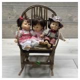 Rustic Children's Rocking Chair With 3 Dolls