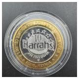$10 Harrahs Reno Nevada Gaming Token Marked .999 F
