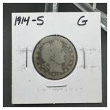 1914-S Barber Silver Quarter