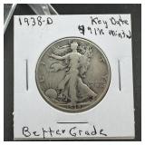 1938-D Walking Liberty Silver Half Dollar