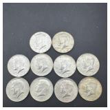(10) 40% Silver Kennedy Half Dollars