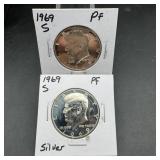 (2) 1969-s 40% silver kennedy half dollars