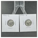 (4) Mercury Silver Dimes - 1943, 1941-S, 1943-S, a