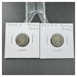 1908 & 1907 Barber Silver Dimes