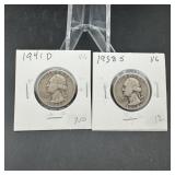 1941-D & 1938-S Washington Silver Quarters