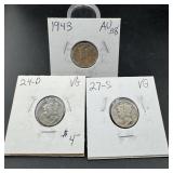 (3) Mercury Silver Dimes 1927 S 1924 D 1943
