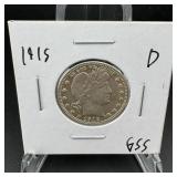 1915 D Barber Silver Quarter AU