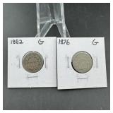 (3) Two Cent Pieces 1882 1887 1876