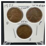 1955 Wheat Cent 3-Coin Set High Grade