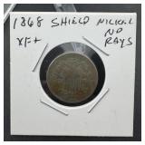1868 Shield Nickel No Rays XF+