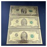(3) Bicentennial Novelty Gold Foil $2 Bills