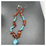 Steling Silver Turquoise & Amber Necklace, 17-3/4'