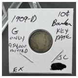 1909-D Barber Silver Dime Key Date Low Mintage