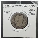 1911-S Barber Silver Quarter Key Date