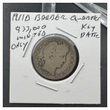 1911-D Barber Silver Quarter Key Date Low Mintage