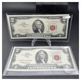 Two $2 bills; 1963 red seal; consecutive serial nu
