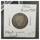 1906 Barber Silver Quarter