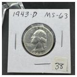 1943-D Washington Silver Quarter - Higher Grade