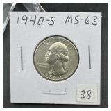 1940-S Washington Silver Quarter - Higher Grade