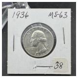 1936 Washington Silver Quarter - Higher Grade