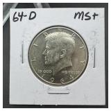 1964-D Kennedy half dollar; marked MS+ on holder;