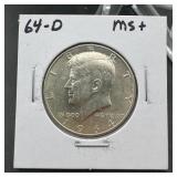 1964-D Kennedy half dollar; marked MS+ on holder;