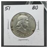 1951 Franklin half dollar; marked BU on holder; 90