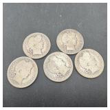 Five Barber silver dimes; visible dates include 19