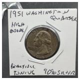 1951 Washington Silver Quarter High Grade Toner