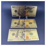 (3) Novelty Gold $100 Notes