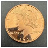 .999 Fine Copper Round 1921 Peace Dollar Design