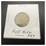 1919 Buffalo Nickel Full Horn Au+