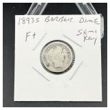 1893s BARBER DIME f+ semi key