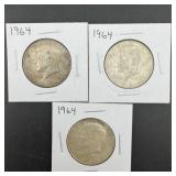 (3) 1964 Silver Kennedy Half Dollars