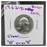 1962-D D Over D Error Washington Silver Quarter