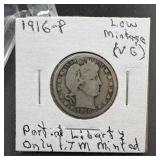 1916-P Barber Silver Quarter - Low Mintage