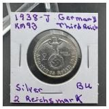 1938-J Germany Third Reich 2 Reichsmark Silver Coi